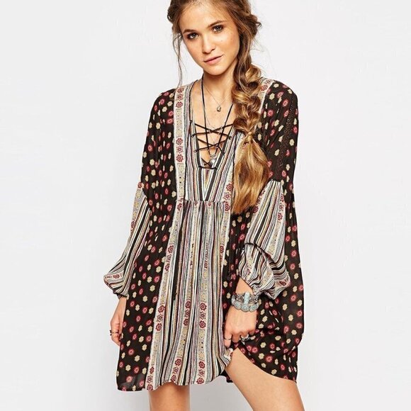 Free People Pebble Rain balloon sleeve printed mini boho dress size XS - Picture 1 of 13